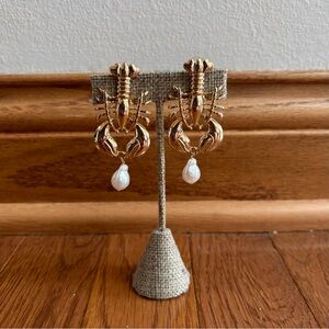 Gold Tone Lobster Earrings with Teardrop Pearls